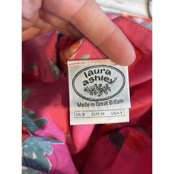 Laura Ashley Dress 1980s Pink Floral Orange Pink Cotton Pleated Bow Dress Sz 6 - Picture 12 of 16